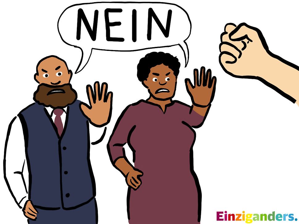 Zeichnung von DB-Mitarbeitenden, die NEIN sagen