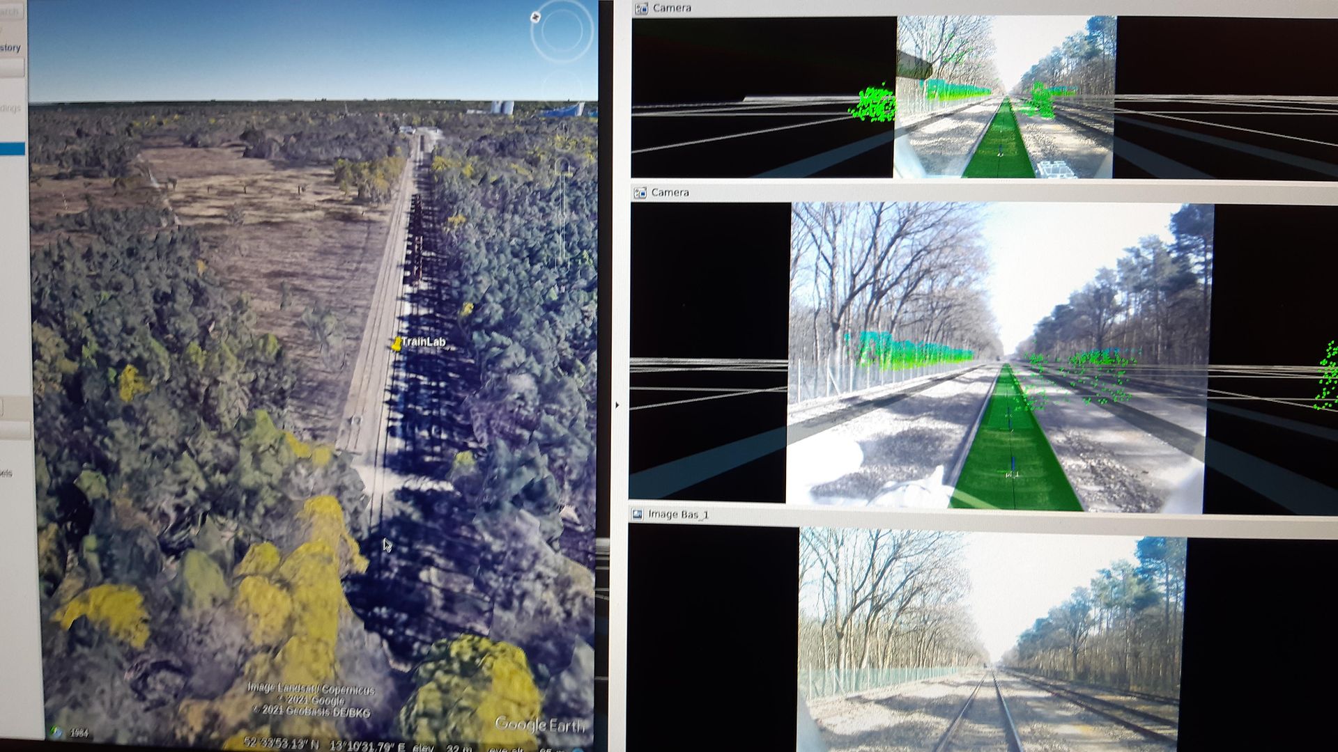 links: Lokalisierung des Zuges, rechts: Streckenaufnahme mit installierter Sensorik